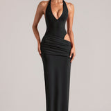 Sügav Plunge Halterneck Maxi Kleit Mustas