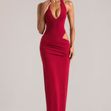 Sügav Plunge Halterneck Maxi Kleid Kirsi Punane