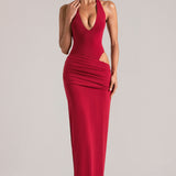 Sügav Plunge Halterneck Maxi Kleid Kirsi Punane
