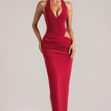 Sügav Plunge Halterneck Maxi Kleid Kirsi Punane