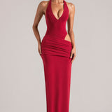 Sügav Plunge Halterneck Maxi Kleid Kirsi Punane