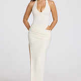 Sügav Plunge Halterneck Maxi Kleid Valges