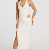 Sügav Plunge Halterneck Maxi Kleid Valges