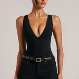 Sügav Plunge Halterneck Bodysuit Mustas