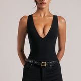 Sügav Plunge Halterneck Bodysuit Mustas