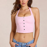 Denim Halterneck Corset Stiilis Top Roosa Õites