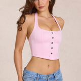 Denim Halterneck Corset Stiilis Top Roosa Õites