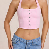 Denim Halterneck Corset Stiilis Top Roosa Õites