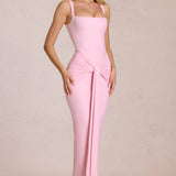 Ruudulise Kaelusega Kokkukogutud Maxi Kleid Blossom Roosas