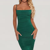 Roheline Cowl Neck Ruched Bodycon Midi Kleit