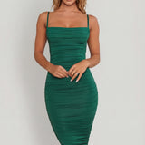 Roheline Cowl Neck Ruched Bodycon Midi Kleit