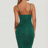 Roheline Cowl Neck Ruched Bodycon Midi Kleit