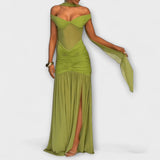 Nicole - Oliivroheline Maxi Kleid V-kaelusega