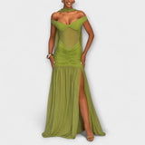 Nicole - Oliivroheline Maxi Kleid V-kaelusega