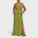 Nicole - Oliivroheline Maxi Kleid V-kaelusega
