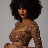 Kerge kaunistatud pikkade varrukatega crop top Mocha värvuses