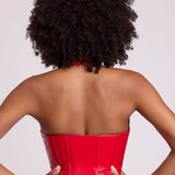 Vinüülne Halter Kaelusega Lõhiku Corset Crop Top Tulepunases