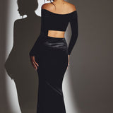 Sametist Õlavarre Üksik Crop Top Mustas