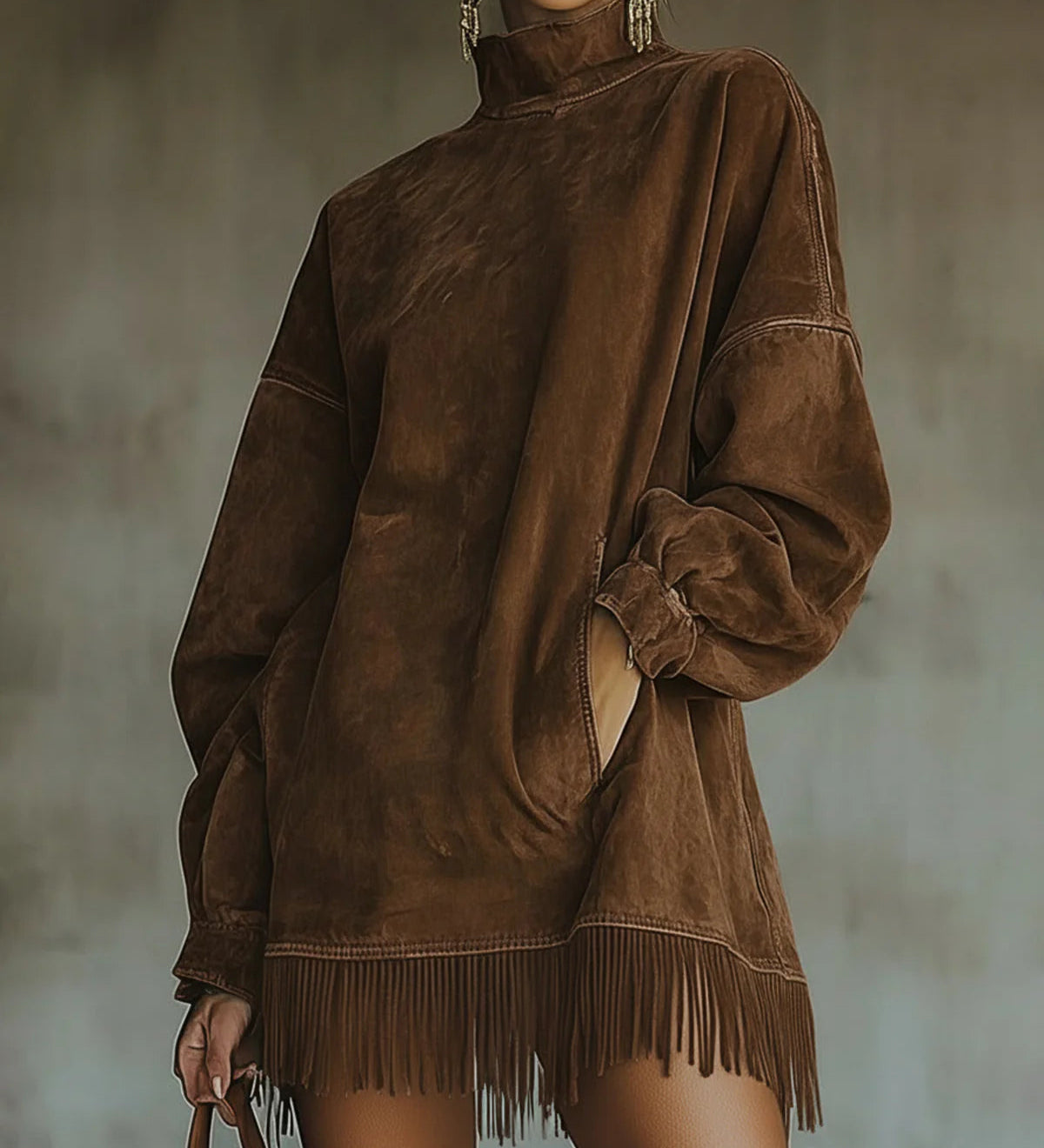 Savana Fringe™ | Vintage Suede Turtleneck Mini Kleit