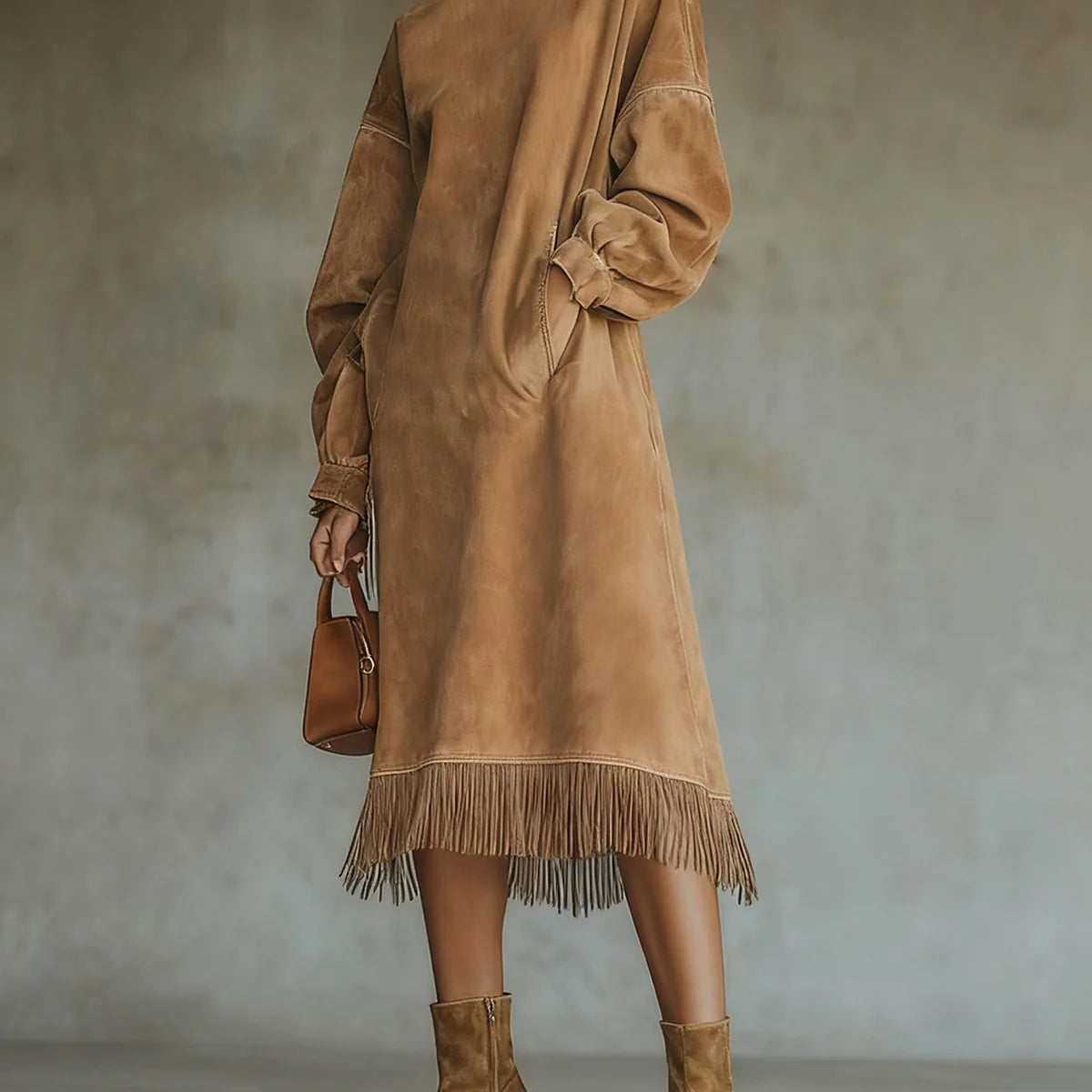 Aurelia Fringe™ | Vintage Suede Kõrge Kaelusega Midi Kleid