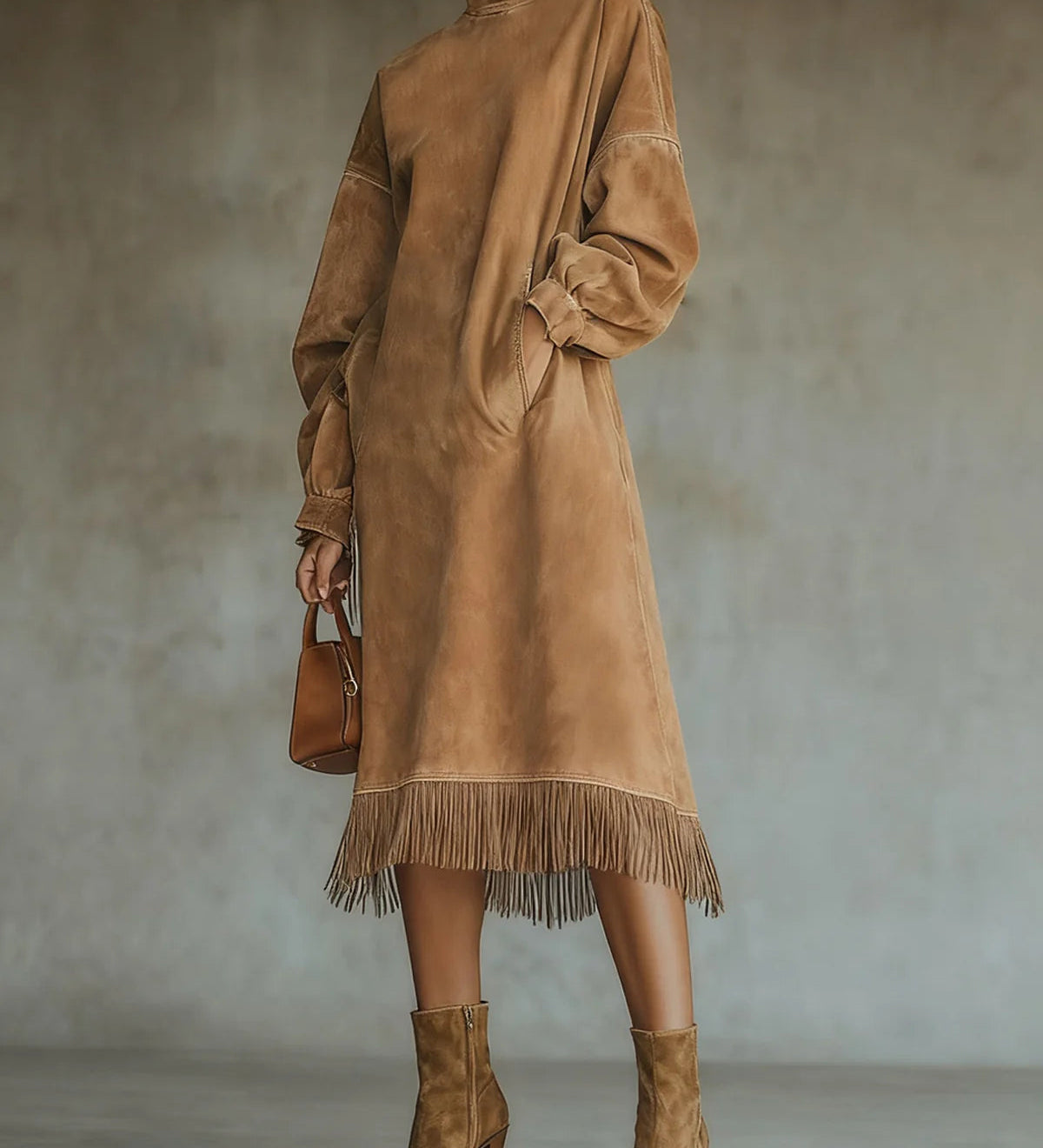 Aurelia Fringe™ | Vintage Suede Kõrge Kaelusega Midi Kleid