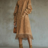 Aurelia Fringe™ | Vintage Suede Kõrge Kaelusega Midi Kleid