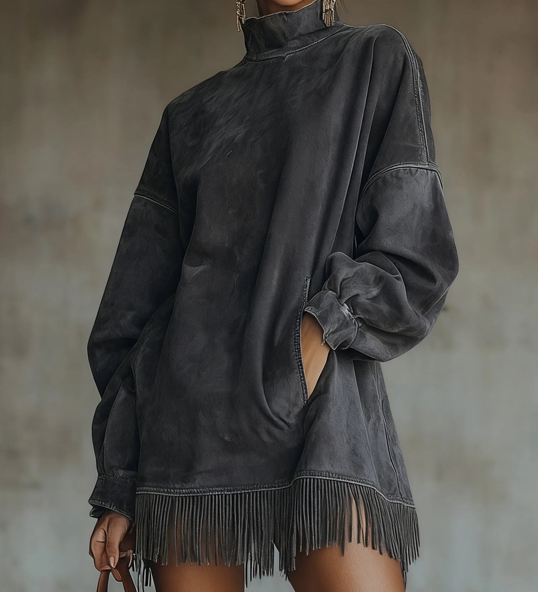 Savana Fringe™ | Vintage Suede Turtleneck Mini Kleit