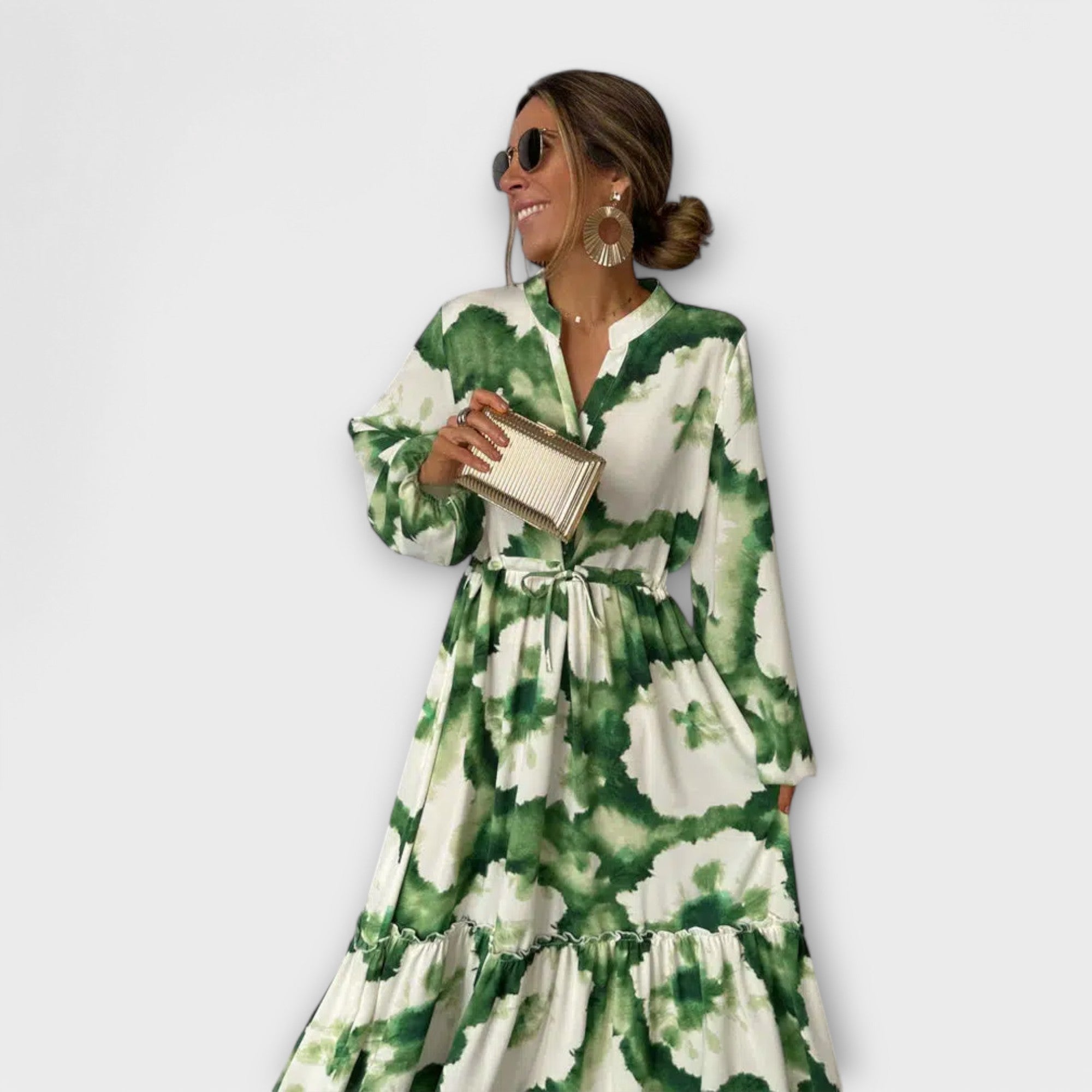Melina - Roheline Maxi Kleid, millel on Pikad Varrukad ja V-kaelus