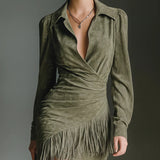 Seraphina Fringe™| Luksuslik Suede Wrap Mini Kleid