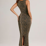 Moodne ruuduline bodycon midi kleit leopardimustriga