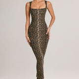 Moodne ruuduline bodycon midi kleit leopardimustriga
