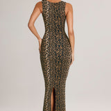 Moodne ruuduline bodycon midi kleit leopardimustriga