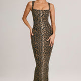 Moodne ruuduline bodycon midi kleit leopardimustriga