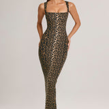Moodne ruuduline bodycon midi kleit leopardimustriga