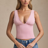 Modal Plunge-Neck Scallop-Trim Tank Top pehmes roosas