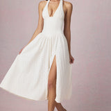 Moodsakas Broderie Anglaise Halterneck Midaxi Kleid valges