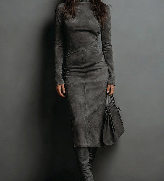 Marcelle Luxe™ | Kontuur Suede Korkeakaelusega Midi Kleid