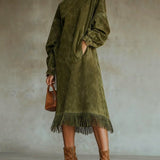 Aurelia Fringe™ | Vintage Suede Kõrge Kaelusega Midi Kleid