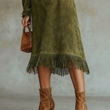 Aurelia Fringe™ | Vintage Suede Kõrge Kaelusega Midi Kleid