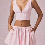 Kummiga Crop Top Pehme Mauve Triibuga