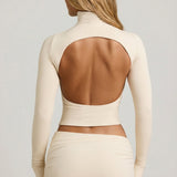 Ivory värvi modal ruched backless turtleneck top
