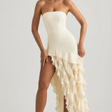 Ruffle-Trim Strapless Gown in Ivory