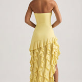 Ruffle-Trim Strapless Gown in Pastel Yellow