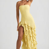 Ruffle-Trim Strapless Gown in Pastel Yellow