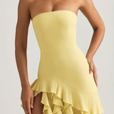 Ruffle-Trim Strapless Gown in Pastel Yellow