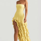 Ruffle-Trim Strapless Gown in Pastel Yellow