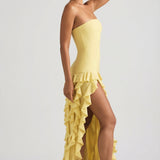 Ruffle-Trim Strapless Gown in Pastel Yellow