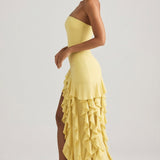 Ruffle-Trim Strapless Gown in Pastel Yellow