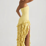 Ruffle-Trim Strapless Gown in Pastel Yellow