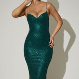 Kaunistatud südamekaelusega midi kleit teal rohelises